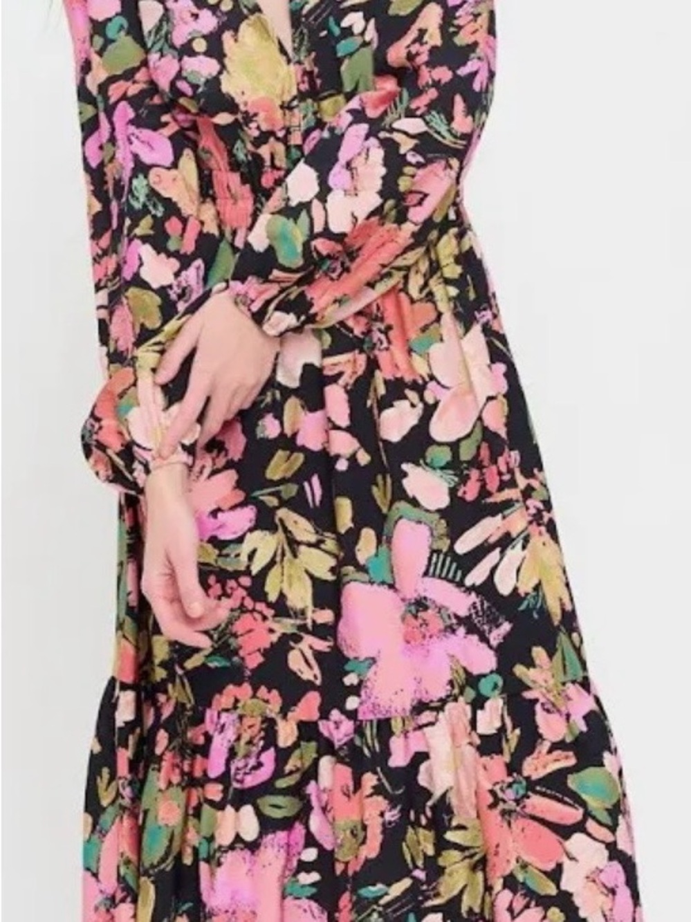 Black Floral V-Neck Maxi Dress with Pink & Green Print